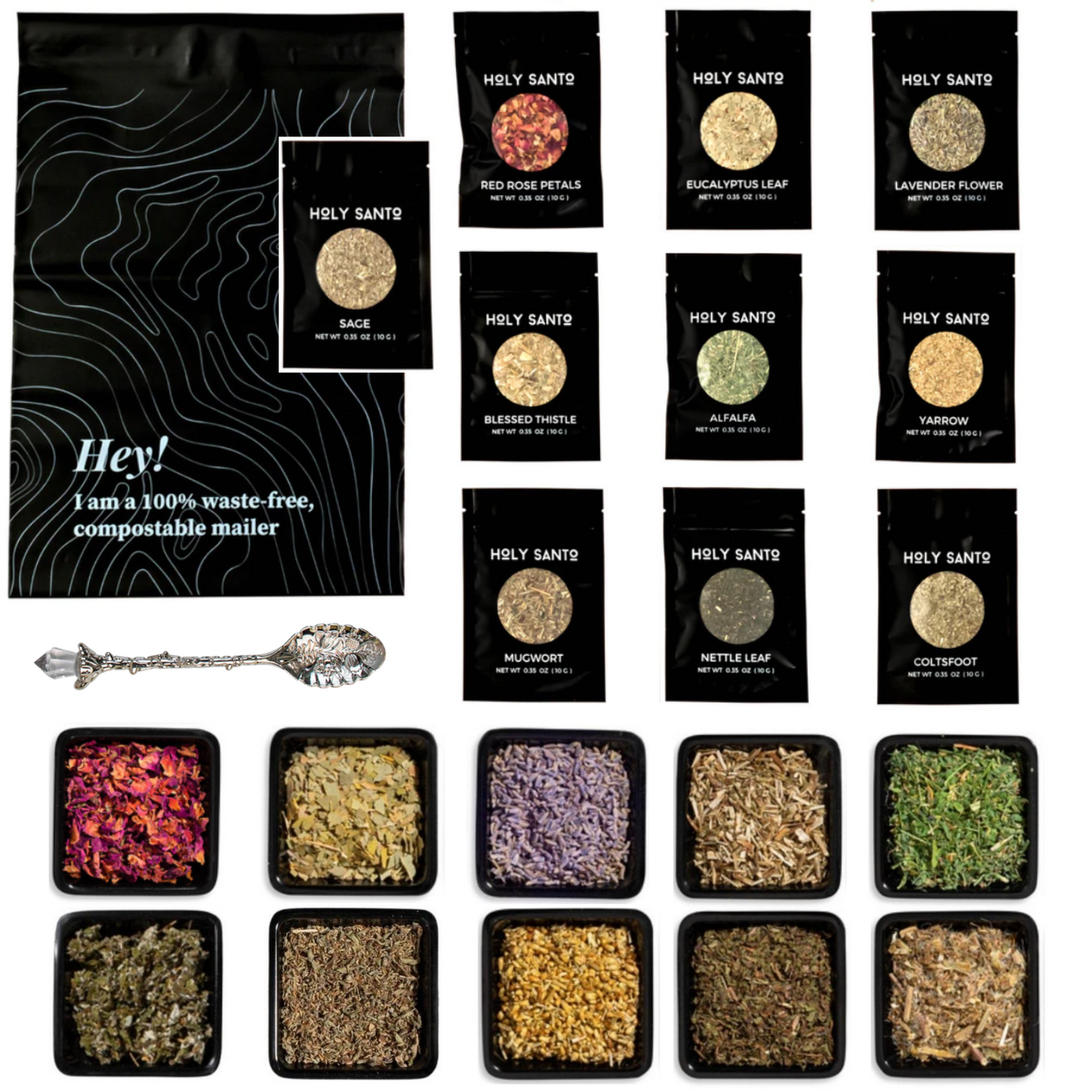 Witchcraft Herb Mini Kit - 10 Organic Ritual Herbs + Crystal Spoon