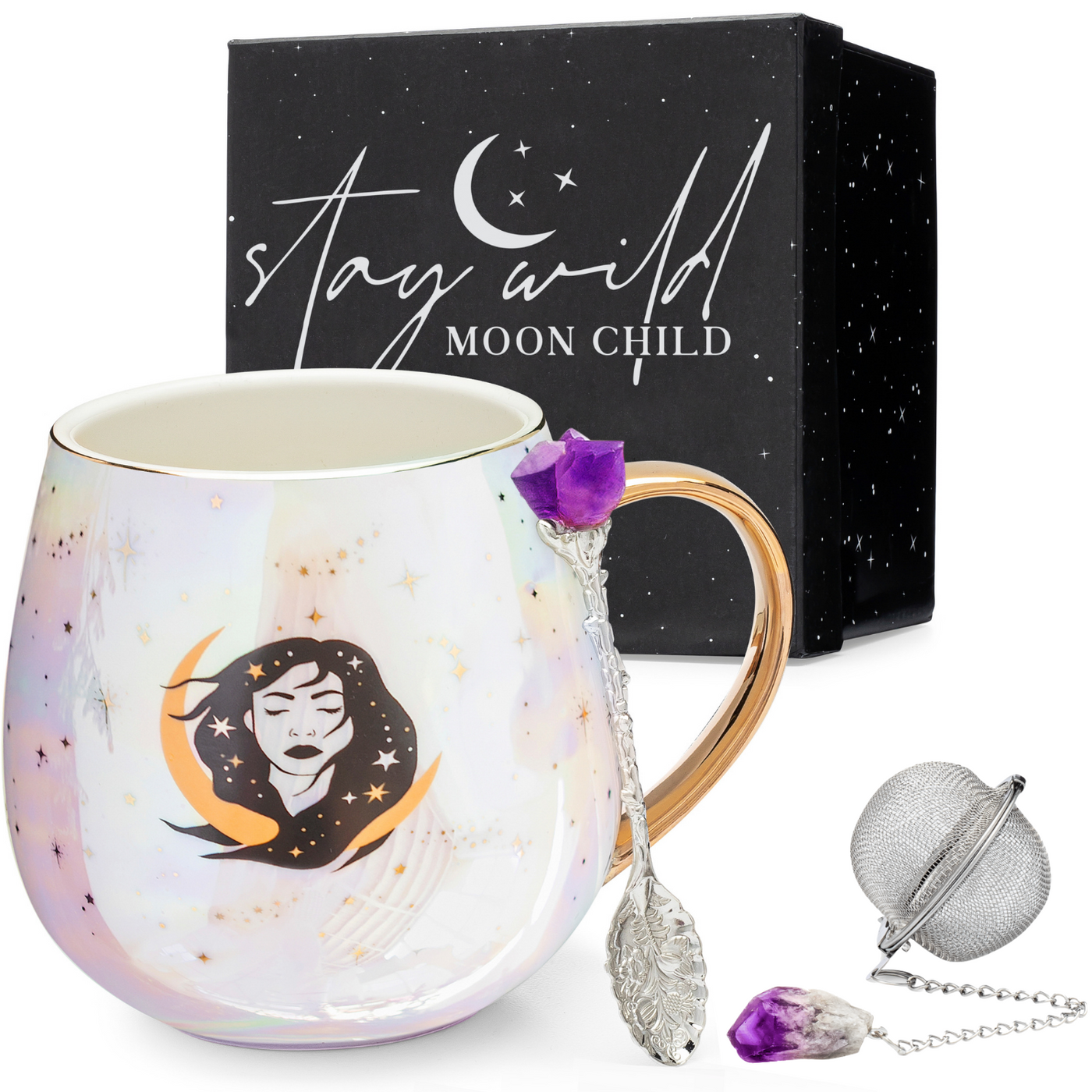 Stay Wild Moon Child - Celestial Mug Set + Natural Amethyst Tea Accessories